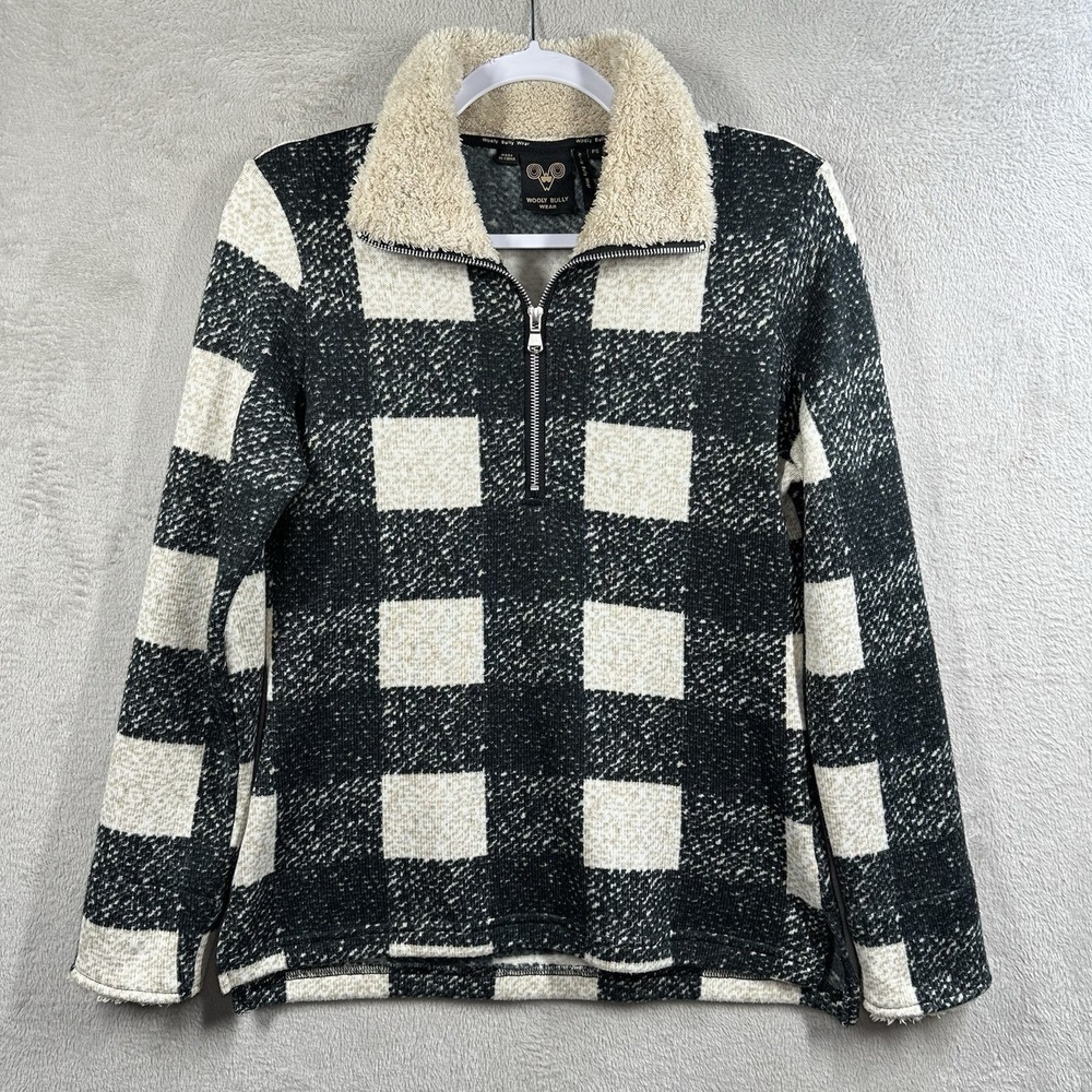 Wooly Bully Wear 1/4 Zip Fleece Top‎ Women's S Petite Plaid Sherpa Trim